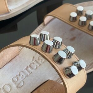 Pedro Garcia Tan/silver nail heads Studded Slide Sandals